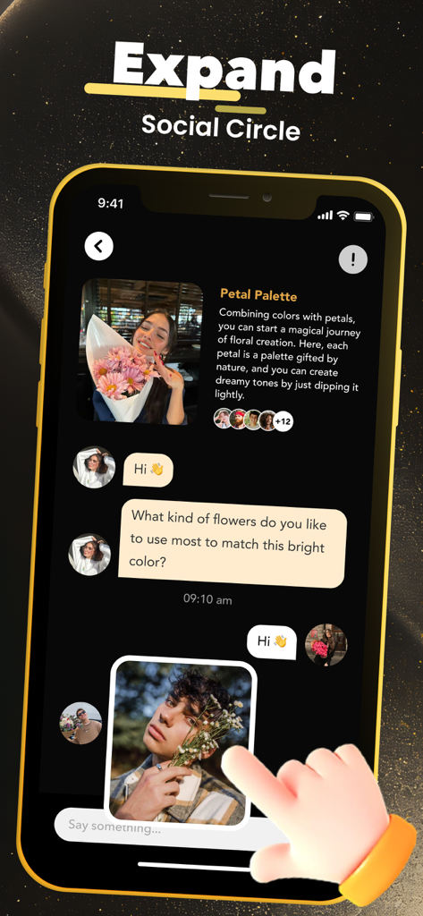 Ein Chat-Interface in der Mila-App, das einen Blumen-Interessenskreis namens Petal Palette mit Benutzernachrichten und Fotos von Blumenarrangements zeigt