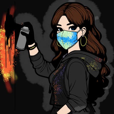 realistic girl with mask spray painting a wall