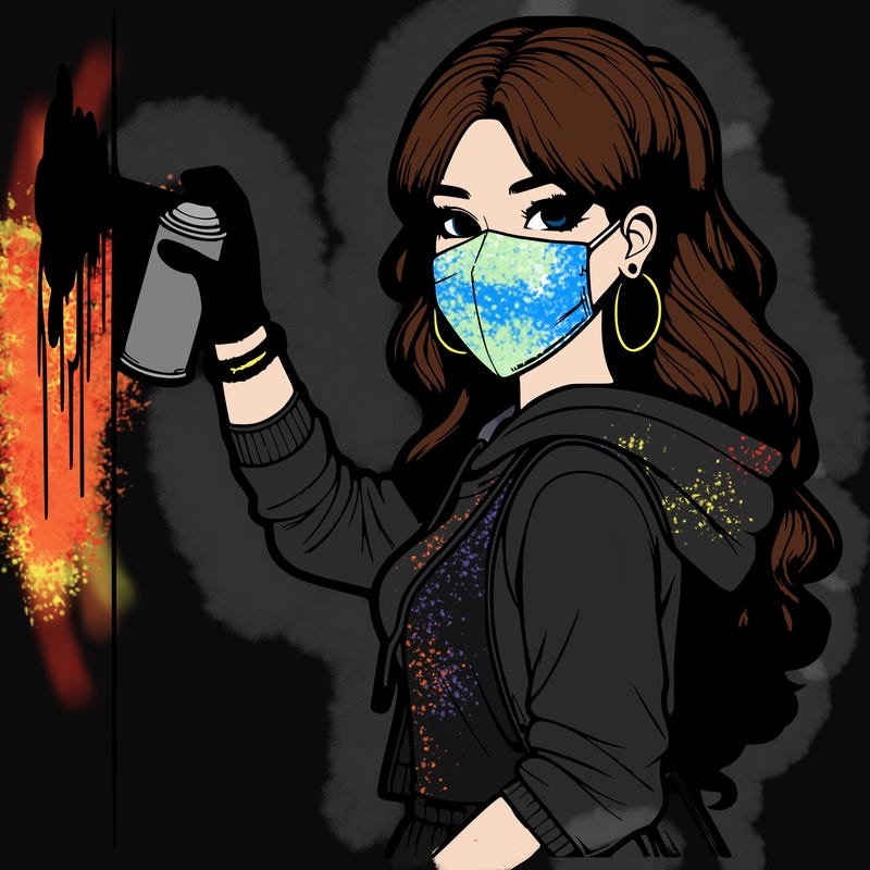 realistic girl with mask spray painting a wall