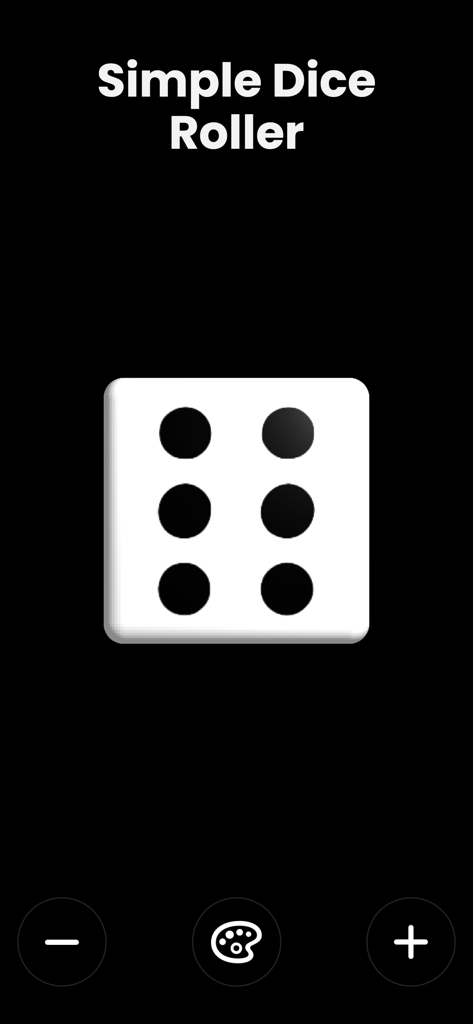 Dice Roller Pro! - Interfaz de la aplicación Dice Roller Pro que muestra un único dado blanco de seis caras sobre un fondo negro