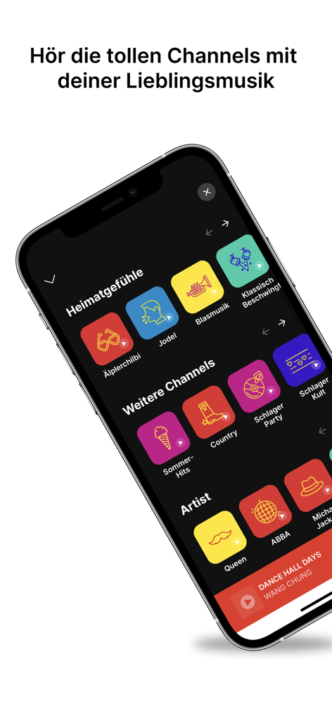 Radio Pilatus - A smartphone displaying the Radio Pilatus app music channels including regional Swiss genres and artist playlists