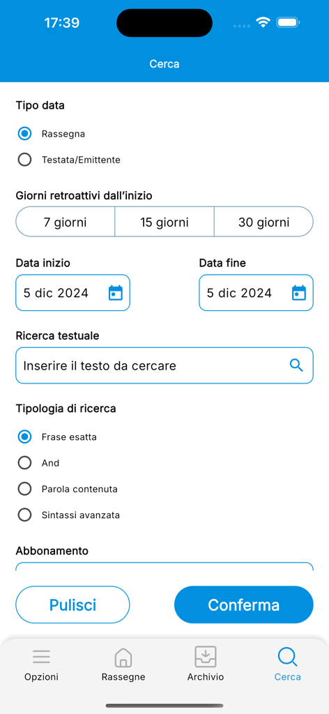 L'Eco della Stampa - Rassegna - Interfaz avanzada de búsqueda y filtros para el monitoreo de prensa y medios en la aplicación L'Eco della Stampa.