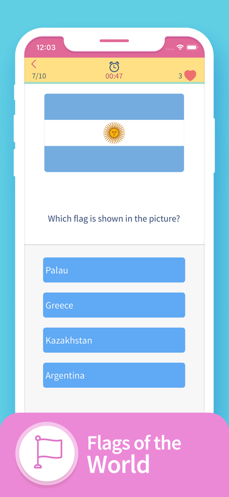 TRIVIA 360 Mobile App Screenshot mit einer Quizfrage zu Flaggen der Welt