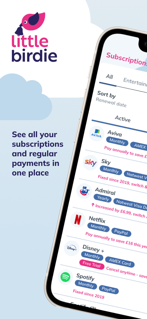 Little Birdie - Little Birdie mobile app screen showing a list of active subscriptions including Netflix Spotify and Disney Plus