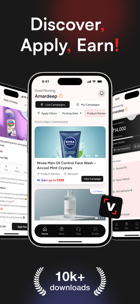 Viral Pitch - Painel do aplicativo móvel Viral Pitch mostrando campanhas ativas de colaboração com marcas para influenciadores de mídia social.