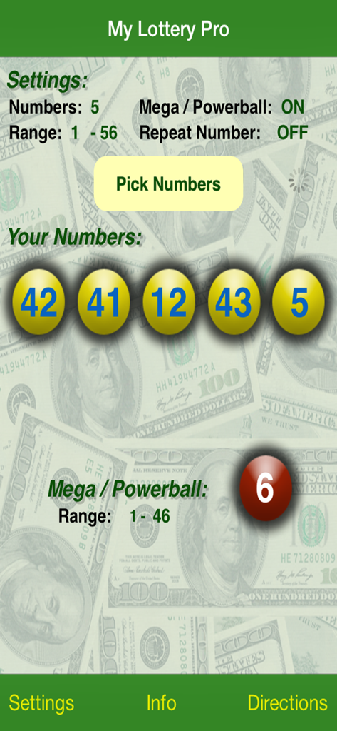 My Lottery Pro - Interface of My Lottery Pro app showing generated lottery numbers with settings for Mega Millions and Powerball.