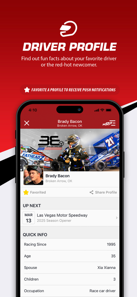 Écran du profil du pilote dans l'application MyRacePass montrant les statistiques et les informations pour Brady Bacon.
