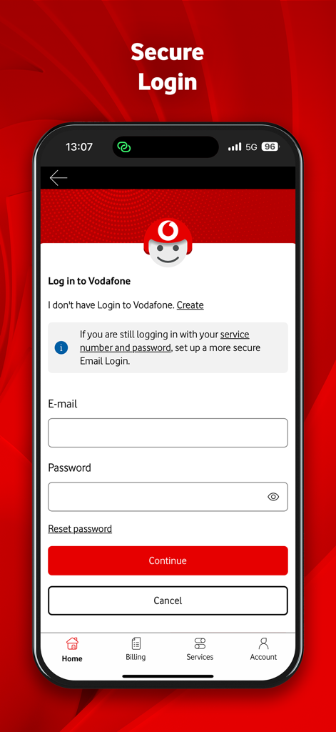 Écran de connexion sécurisé de l'application My Vodafone plus avec des champs de saisie pour l'e-mail et le mot de passe