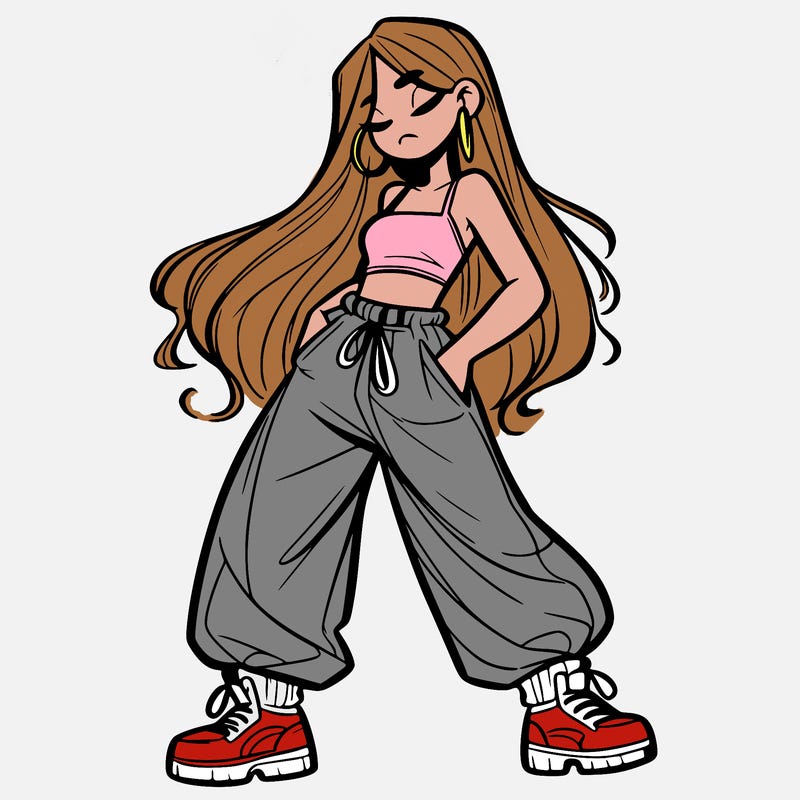 girl in baggy pants crop top and long hair
