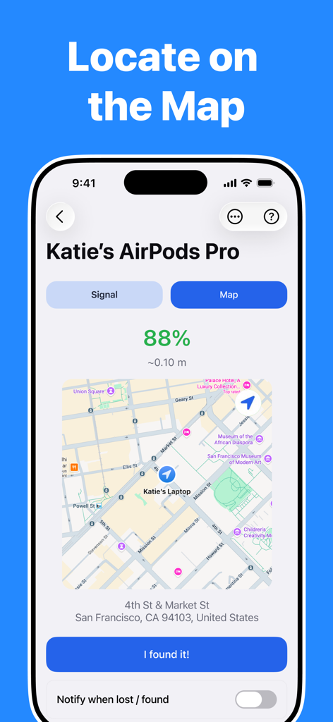 信号強度付きのマップ上に紛失したデバイスの位置を示すモバイル画面