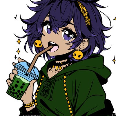 hot baddie anime girl drinking boba and biting the straw