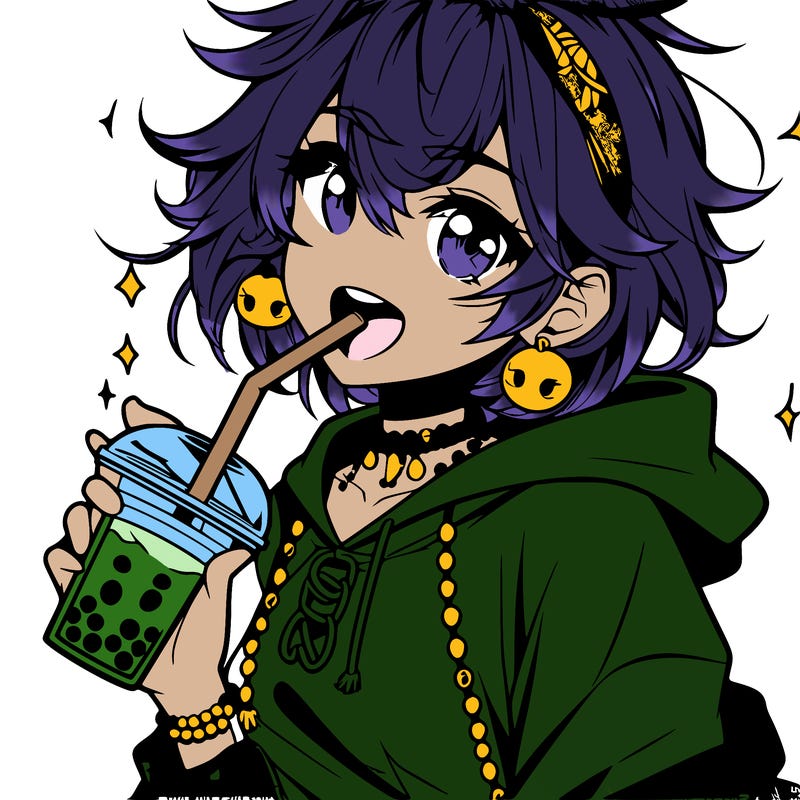hot baddie anime girl drinking boba and biting the straw