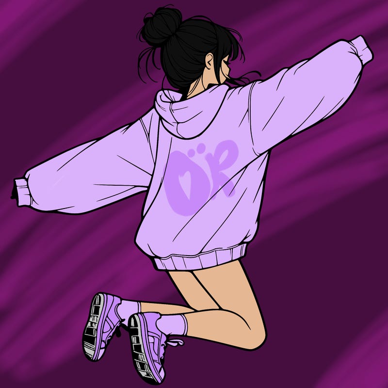 realistic girl jumping with a bun and oversized sweatshirt