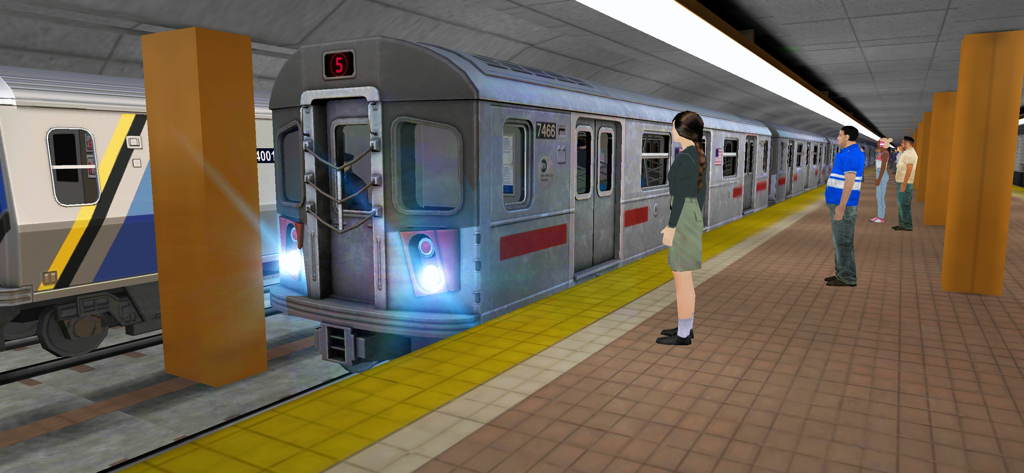 승객들이 기다리고 있는 역 플랫폼에 정차한 뉴욕시 지하철 열차의 3D 시뮬레이션