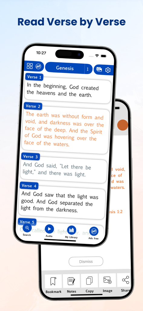 NIV Bible app interface displaying verse by verse reading of Genesis chapter one
