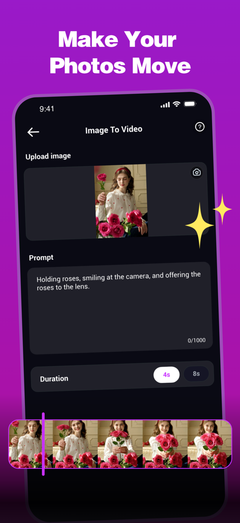 ReVibe: AI Photo & Video Maker - Interface do aplicativo ReVibe mostrando o processo de transformação de uma foto em um vídeo com IA usando um prompt de texto