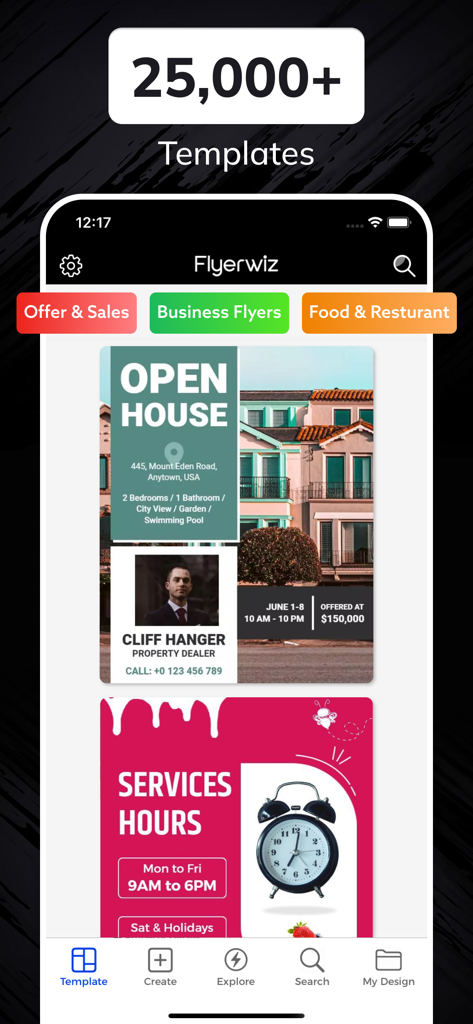 Captura de ecrã da aplicação Flyerwiz mostrando uma variedade de templates de panfletos de negócios e imobiliários