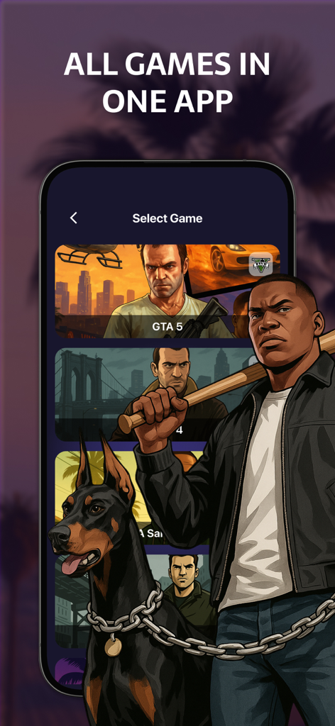 Oberfläche der GTA-Cheat-App, die ein Menü zur Auswahl von Codes für verschiedene Grand Theft Auto-Spiele anzeigt, darunter GTA 5 und GTA 4