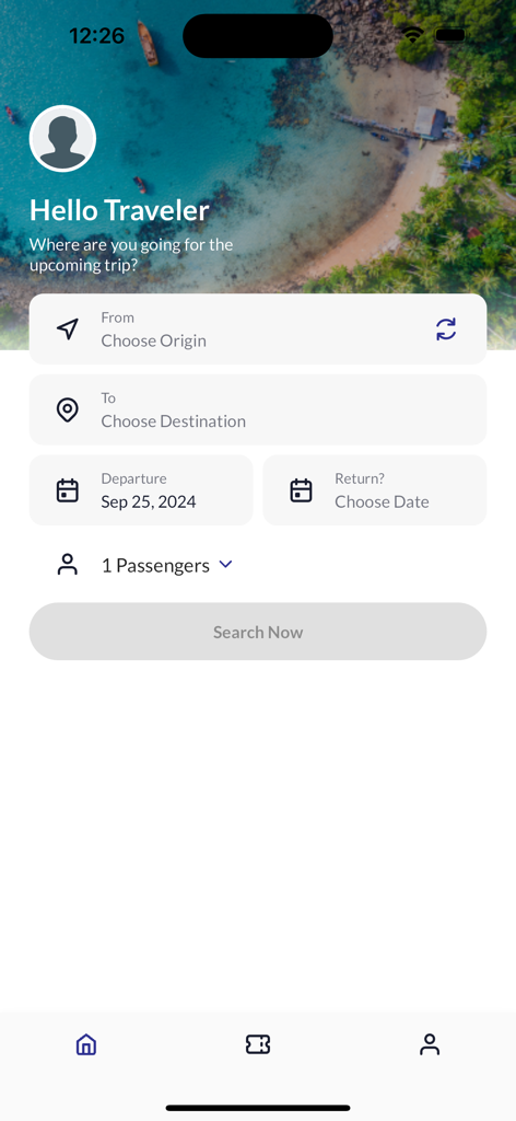 Island Speed Ferry - Search screen of Island Speed Ferry app for booking boat trips in Cambodia