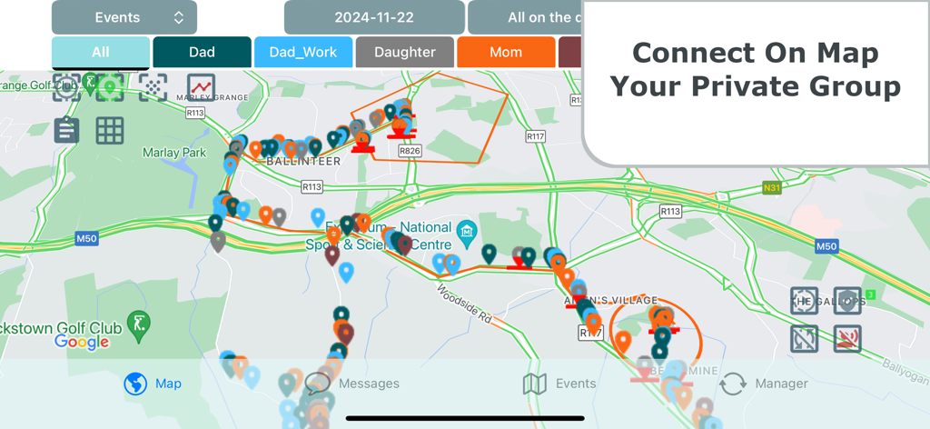 Be-Maps - Vista del mapa en la aplicación Be-Maps que muestra ubicaciones y seguimiento en tiempo real para un grupo familiar privado