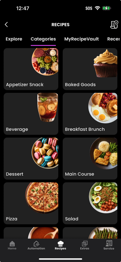 SmartHQ app screen displaying recipe categories like dessert breakfast and pizza with high quality food images