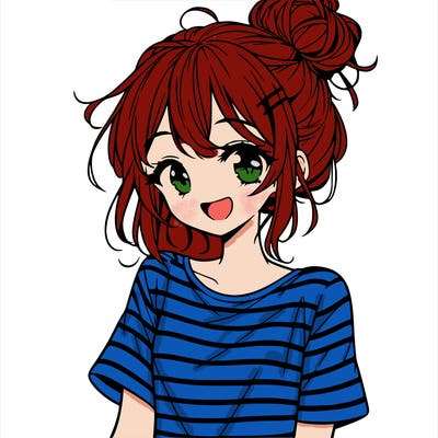 anime girl teenager striped shirt and smile and messy bun