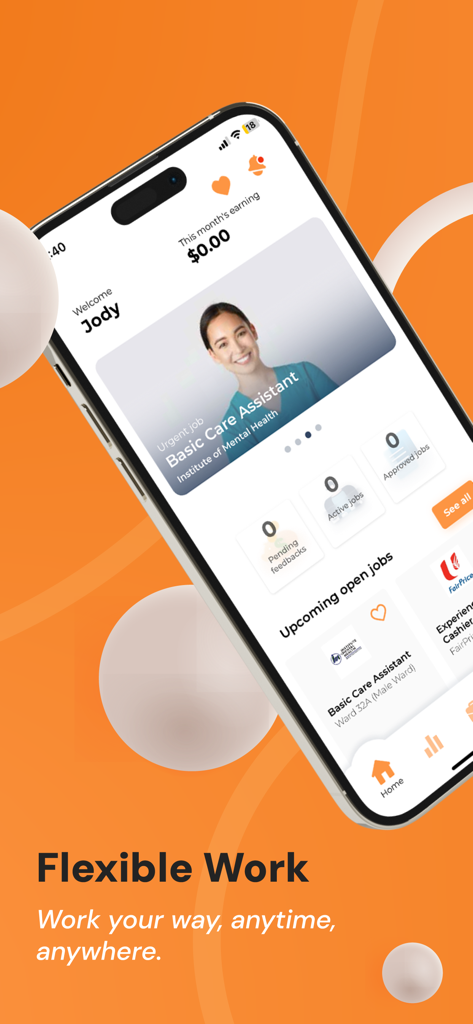 Jod - 유연한 업무 기회와 긴급 구인 공고를 강조하는 Jod 앱 홈 화면