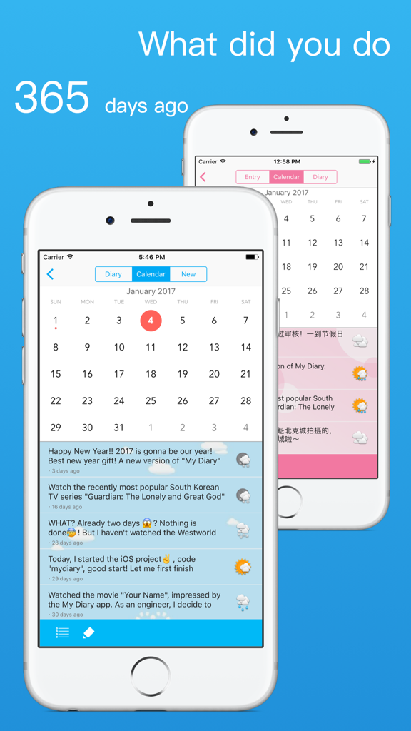 Two iPhones displaying the calendar and journal entry views of the My Diary app.