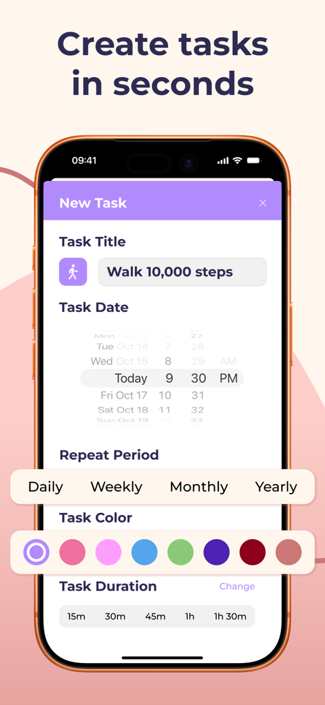 Interface for creating a new task in the Daily Planner app showing title date repeat and color options