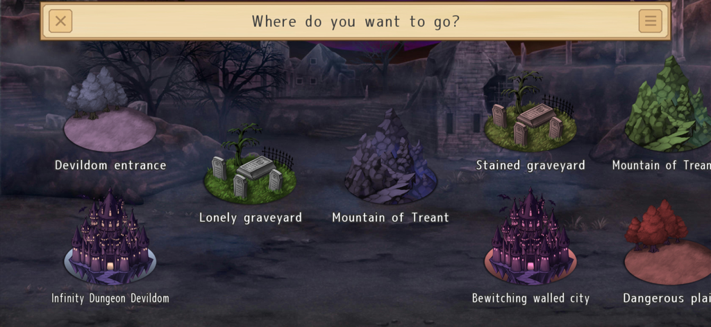 Yukkuri My Friends - A map screen in the Yukkuri My Friends game showing various fantasy adventure locations such as graveyards and dungeons
