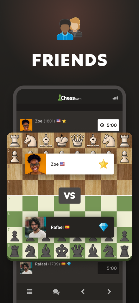 A mobile screen showing an online chess match between two friends on the Chess.com app interface.