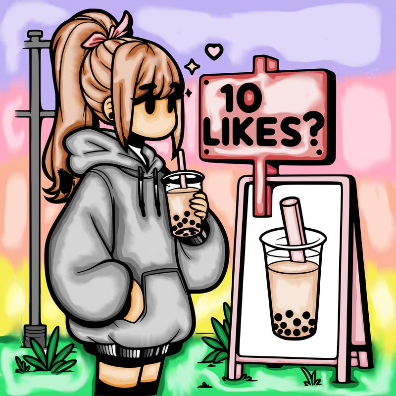 girl with oversized hoodie drinking boba and she has a high ponytail with a sign that says 10likes?