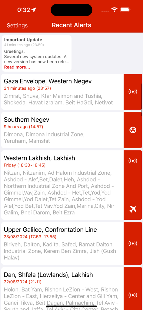 Tzofar - Red Alert - A list of recent security alerts in Israel on the Tzofar app including notifications for Gaza Envelope Southern Negev and Upper Galilee with timestamps and specific city names