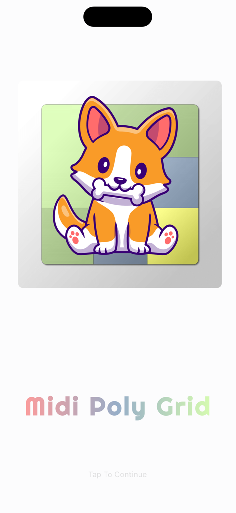 Midi Poly Grid - Midi Poly Grid app intro screen featuring a cartoon dog mascot and colorful title text