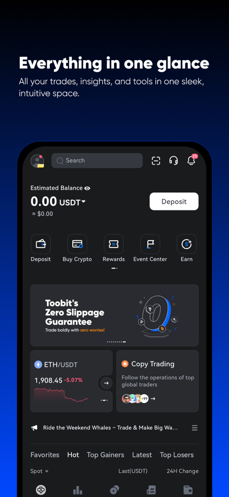 Toobit mobile App Startbildschirm mit Überblick über Kryptowährungs-Guthaben und Handelstools