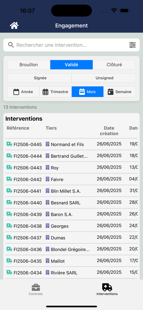 Dolismart mobile app screen displaying a list of validated business interventions with customer names and reference numbers