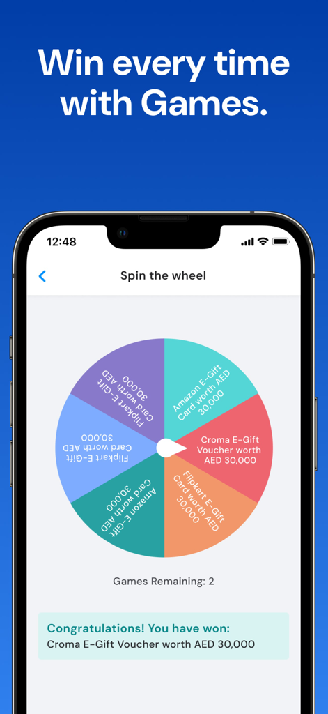 FAB Mobile Banking app interface featuring a spin the wheel game to win gift card vouchers
