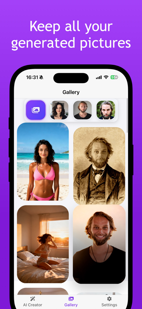 Selfie AI: AI Photo Generator - Mobile app interface showing a gallery of AI generated portraits in different styles