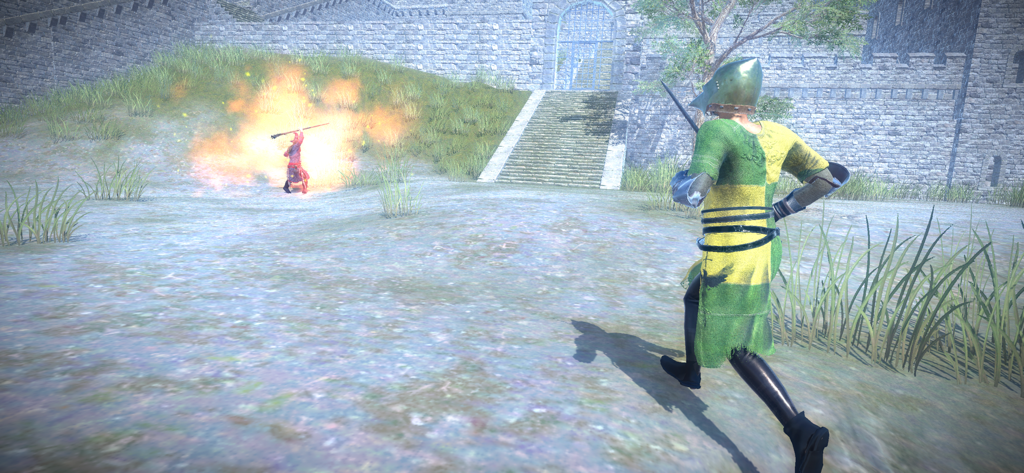 Knights of Glory : Online - A knight in green and yellow armor charging towards an enemy casting fire spells in a 3D medieval environment