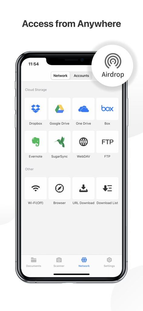 PDF Reader Pro – Lite Edition - Smartphone screen showing cloud storage and network connection options for PDF Reader Pro including Dropbox Google Drive and Airdrop