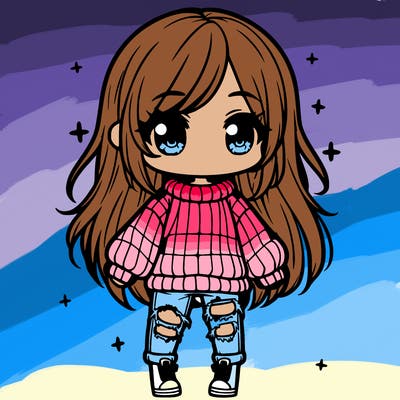 chibi girl with ripped jeans,long hair, and an oversized sweater