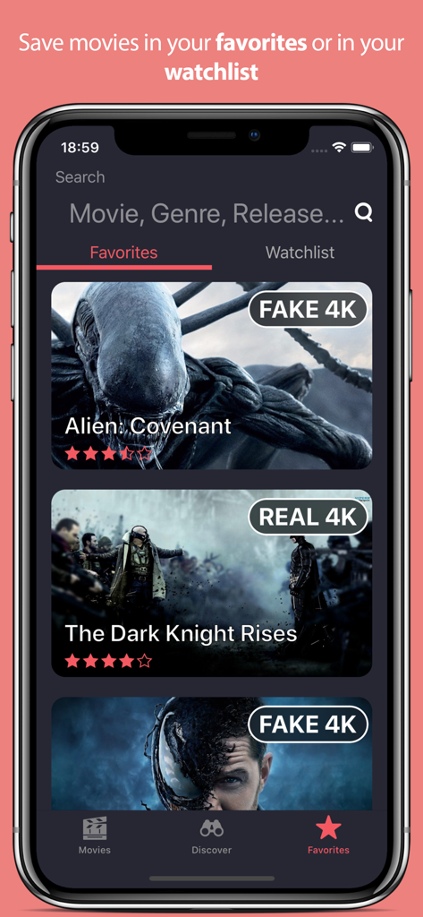 The favorites screen of the Real or Fake 4K app displaying movie titles with labels for native 4K and upscaled resolution