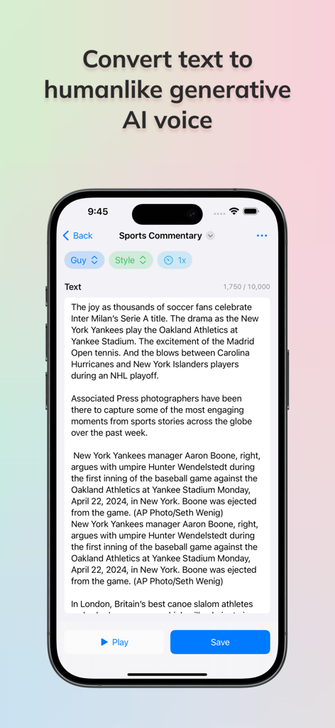 VoiceStudio AI - VoiceStudio AI mobile app interface showing text to speech conversion for sports commentary