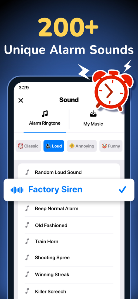 Alarm Clock ◎ - 目覚まし時計アプリのインターフェース。工場サイレンのような大音量で面白いオプションを含む200以上のユニークなアラーム音が表示されている。