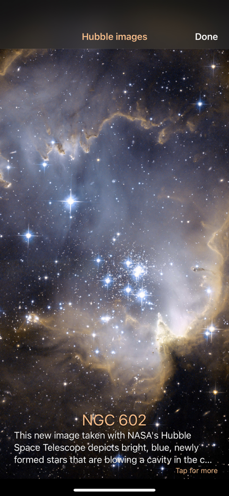 High resolution NASA Hubble Space Telescope image of NGC 602 star cluster in the Luminos astronomy app.