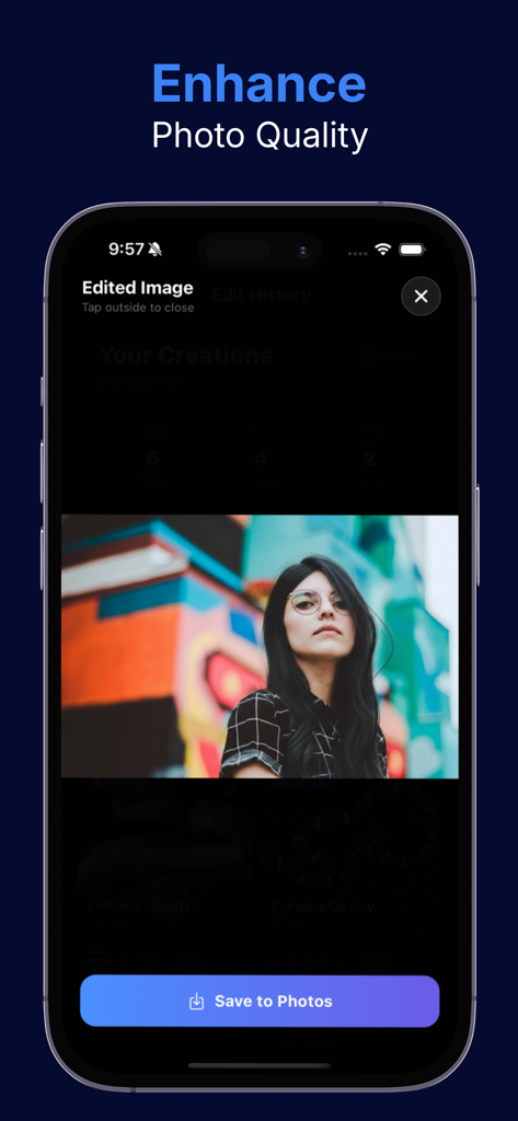 AI Photo Editor : Glowify AI - Glowify AI app interface showing an enhanced portrait photo with a save to photos button