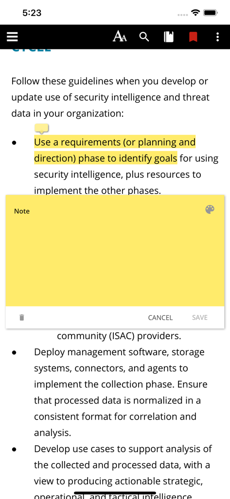 A study guide page in the CompTIA eReader showing highlighted text and an open note box for user input