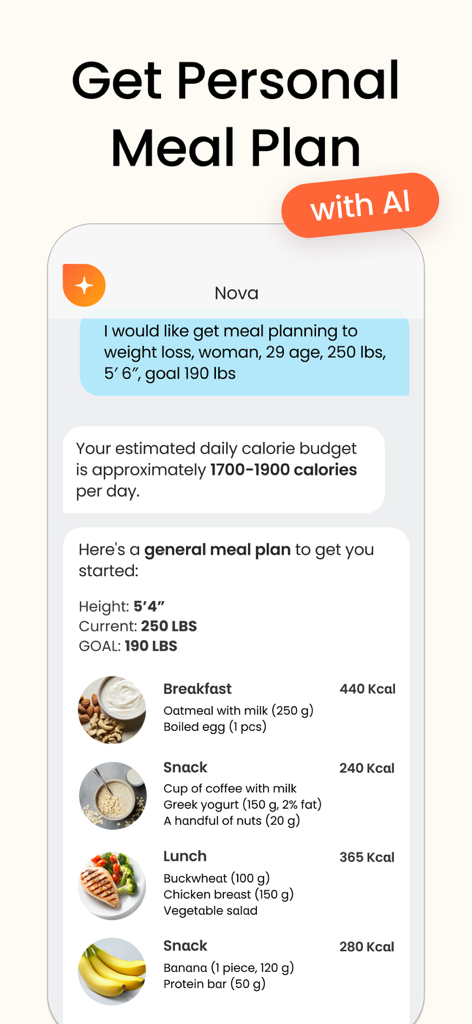 Interfaz de la aplicación Calorie Counter que muestra un plan de comidas personalizado generado por IA con presupuesto calórico y sugerencias de comidas diarias