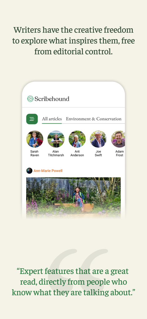 Scribehound app interface displaying a gallery of expert writers and curated long-form articles.