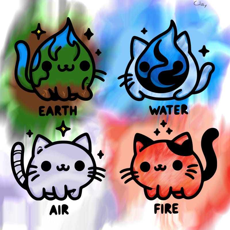 4 cats that represent the different elements, earth, water, air, and fire